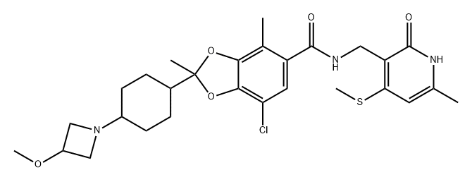 1,3-Benzodioxole-5-carboxamide, 7-chloro-N-[[1,2-dihydro-6-methyl-4-(methylthio)-2-oxo-3-pyridinyl]methyl]-2-[4-(3-methoxy-1-azetidinyl)cyclohexyl]-2,4-dimethyl- Struktur