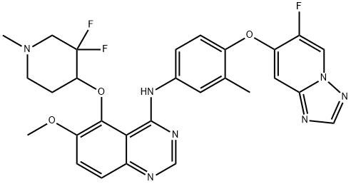 4-Quinazolinamine, 5-[(3,3-difluoro-1-methyl-4-piperidinyl)oxy]-N-[4-[(6-fluoro[1,2,4]triazolo[1,5-a]pyridin-7-yl)oxy]-3-methylphenyl]-6-methoxy- Struktur