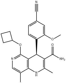 1,6-Naphthyridine-3-carboxamide, 4-(4-cyano-2-methoxyphenyl)-5-(cyclobutyloxy)-1,4-dihydro-2,8-dimethyl-, (4R)- Struktur