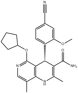 1,6-Naphthyridine-3-carboxamide, 4-(4-cyano-2-methoxyphenyl)-5-(cyclopentyloxy)-1,4-dihydro-2,8-dimethyl-, (4S)- Struktur