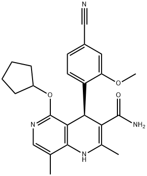 1,6-Naphthyridine-3-carboxamide, 4-(4-cyano-2-methoxyphenyl)-5-(cyclopentyloxy)-1,4-dihydro-2,8-dimethyl-, (4R)- Struktur