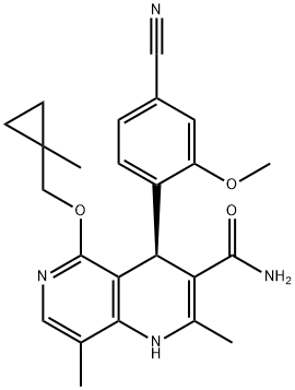 1,6-Naphthyridine-3-carboxamide, 4-(4-cyano-2-methoxyphenyl)-1,4-dihydro-2,8-dimethyl-5-[(1-methylcyclopropyl)methoxy]-, (4R)- Struktur