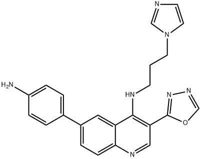 4-Quinolinamine, 6-(4-aminophenyl)-N-[3-(1H-imidazol-1-yl)propyl]-3-(1,3,4-oxadiazol-2-yl)- Struktur