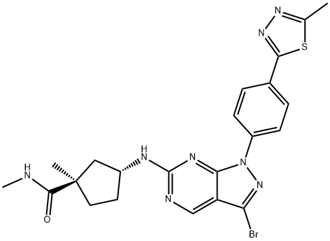 Cyclopentanecarboxamide, 3-[[3-bromo-1-[4-(5-methyl-1,3,4-thiadiazol-2-yl)phenyl]-1H-pyrazolo[3,4-d]pyrimidin-6-yl]amino]-N,1-dimethyl-, (1R,3R)- Struktur