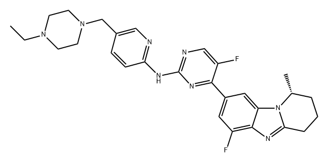 2-Pyrimidinamine, N-[5-[(4-ethyl-1-piperazinyl)methyl]-2-pyridinyl]-5-fluoro-4-[(1R)-6-fluoro-1,2,3,4-tetrahydro-1-methylpyrido[1,2-a]benzimidazol-8-yl]- Struktur