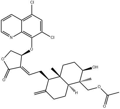 2(3H)-Furanone, 3-[2-[(1R,4aS,5R,6R,8aS)-5-[(acetyloxy)methyl]decahydro-6-hydroxy-5,8a-dimethyl-2-methylene-1-naphthalenyl]ethylidene]-4-[(5,7-dichloro-8-quinolinyl)oxy]dihydro-, (3E,4S)- Struktur