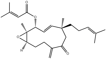 2-Butenoic acid, 3-methyl-, (1R,2R,5S,11R)-1,5-dimethyl-8-methylene-5-(4-methyl-3-penten-1-yl)-7-oxo-12-oxabicyclo[9.1.0]dodec-3-en-2-yl ester Struktur