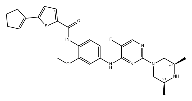 2-Thiophenecarboxamide, 5-(1-cyclopenten-1-yl)-N-[4-[[2-[(3R,5S)-3,5-dimethyl-1-piperazinyl]-5-fluoro-4-pyrimidinyl]amino]-2-methoxyphenyl]-, rel- Struktur