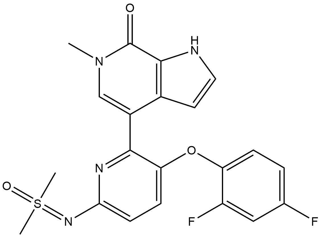 7H-Pyrrolo[2,3-c]pyridin-7-one, 4-[3-(2,4-difluorophenoxy)-6-[(dimethyloxido-λ4-sulfanylidene)amino]-2-pyridinyl]-1,6-dihydro-6-methyl- Struktur