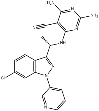 5-Pyrimidinecarbonitrile, 2,4-diamino-6-[[(1S)-1-[6-chloro-1-(3-pyridinyl)-1H-indazol-3-yl]ethyl]amino]- Struktur