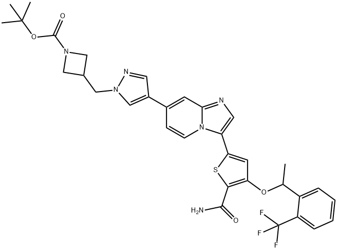 1-Azetidinecarboxylic acid, 3-[[4-[3-[5-(aminocarbonyl)-4-[1-[2-(trifluoromethyl)phenyl]ethoxy]-2-thienyl]imidazo[1,2-a]pyridin-7-yl]-1H-pyrazol-1-yl]methyl]-, 1,1-dimethylethyl ester Struktur