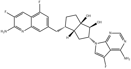 1,6a(1H)-Pentalenediol, 4-[(2-amino-3,5-difluoro-7-quinolinyl)methyl]-2-(4-amino-5-fluoro-7H-pyrrolo[2,3-d]pyrimidin-7-yl)hexahydro-, (1S,2R,3aR,4S,6aR)- Struktur