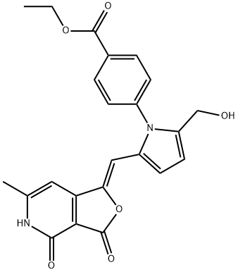 Benzoic acid, 4-[2-[(Z)-(4,5-dihydro-6-methyl-3,4-dioxofuro[3,4-c]pyridin-1(3H)-ylidene)methyl]-5-(hydroxymethyl)-1H-pyrrol-1-yl]-, ethyl ester Struktur