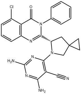 5-Pyrimidinecarbonitrile, 2,4-diamino-6-[(6S)-6-(5-chloro-3,4-dihydro-4-oxo-3-phenyl-2-quinazolinyl)-5-azaspiro[2.4]hept-5-yl]- Struktur