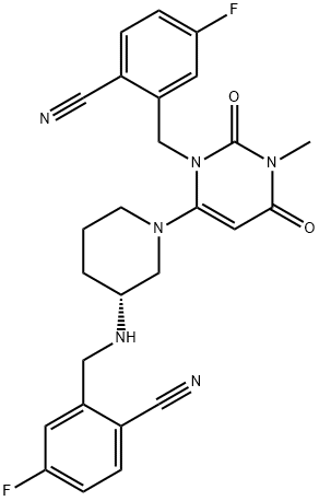 Benzonitrile, 2-[[6-[(3R)-3-[[(2-cyano-5-fluorophenyl)methyl]amino]-1-piperidinyl]-3,4-dihydro-3-methyl-2,4-dioxo-1(2H)-pyrimidinyl]methyl]-4-fluoro- Struktur