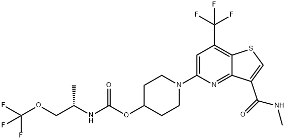 1-(3-(methylcarbamoyl)-7-(trifluoromethyl)thieno[3,2-b]pyridin-5-yl)piperidin-4-yl (S)-(1-(trifluoromethoxy)propan-2-yl)carbamate Struktur