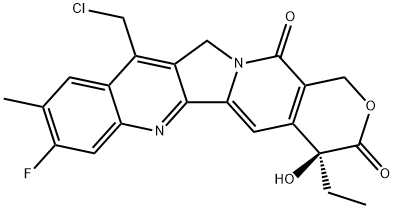 1H-Pyrano[3',4':6,7]indolizino[1,2-b]quinoline-3,14(4H,12H)-dione, 11-(chloromethyl)-4-ethyl-8-fluoro-4-hydroxy-9-methyl-, (4S)- Struktur