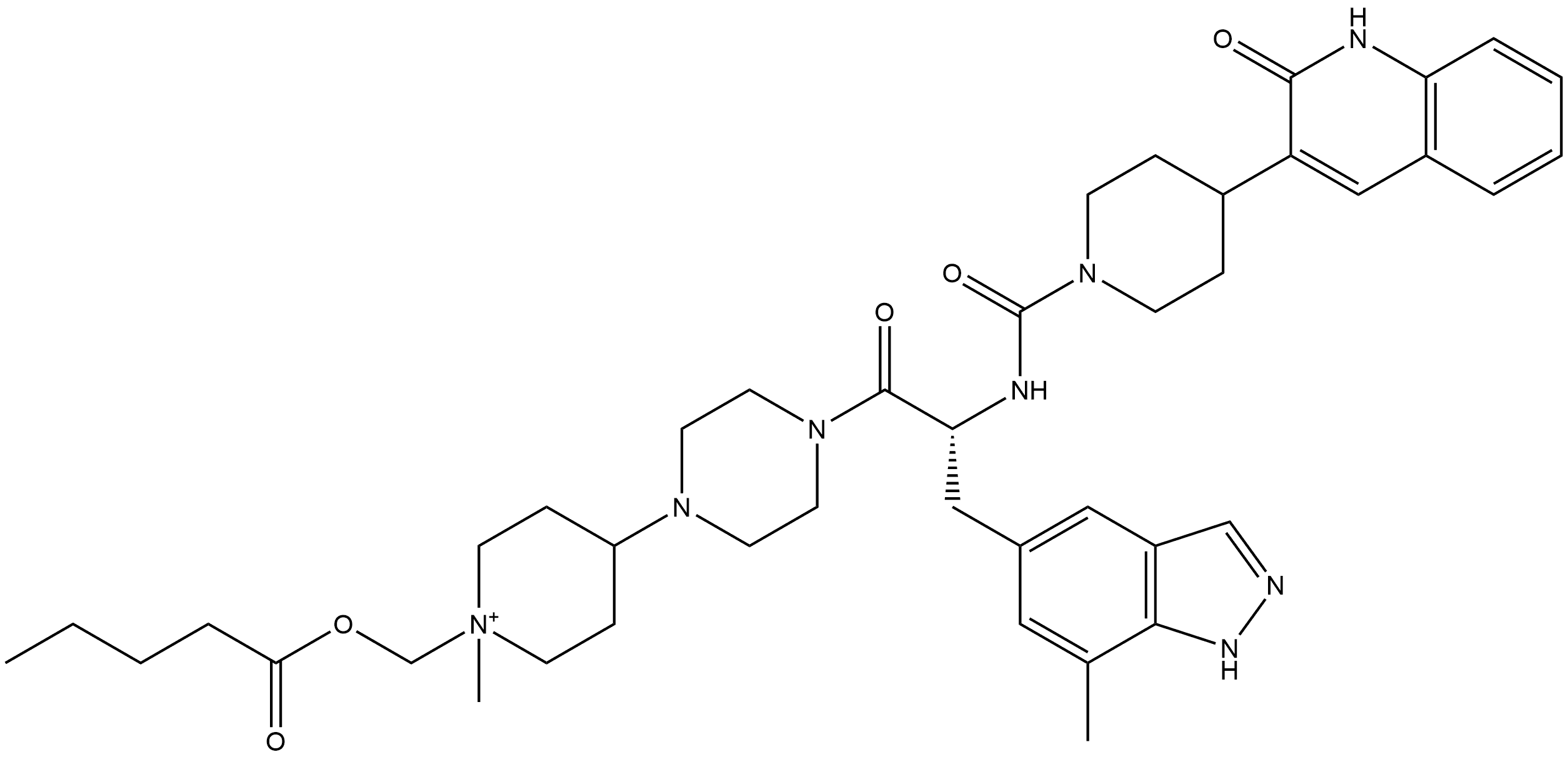 4-[4-[(2R)-2-[[[4-(1,2-Dihydro-2-oxo-3-quinolinyl)-1-piperidinyl]carbonyl]amino]-3-(7-methyl-1H-indazol-5-yl)-1-oxopropyl]-1-piperazinyl]-1-methyl-1-[[(1-oxopentyl)oxy]methyl]piperidinium Struktur