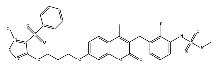 Sulfamide, N-[2-fluoro-3-[[4-methyl-7-[3-[[5-oxido-4-(phenylsulfonyl)-1,2,5-oxadiazol-3-yl]oxy]propoxy]-2-oxo-2H-1-benzopyran-3-yl]methyl]phenyl]-N'-methyl- Struktur