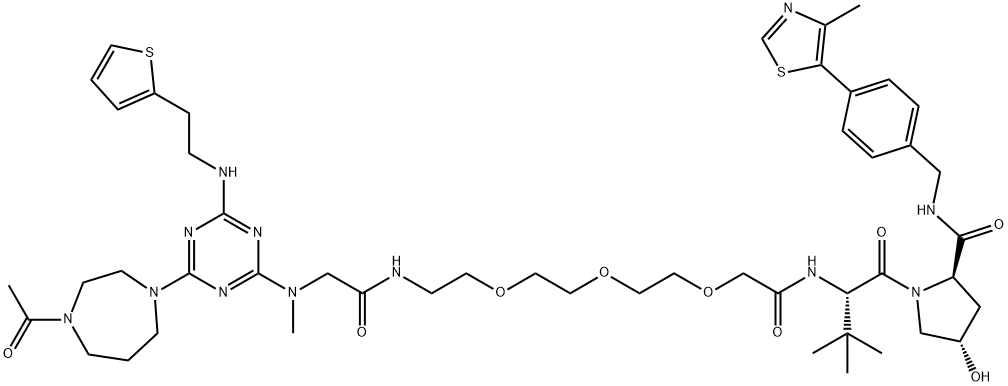 3,6,9-Trioxa-12,15-diazahexadecanamide, 15-[4-(4-acetylhexahydro-1H-1,4-diazepin-1-yl)-6-[[2-(2-thienyl)ethyl]amino]-1,3,5-triazin-2-yl]-N-[(1S)-1-[[(2R,4S)-4-hydroxy-2-[[[[4-(4-methyl-5-thiazolyl)phenyl]methyl]amino]carbonyl]-1-pyrrolidinyl]carbonyl]-2,2-dimethylpropyl]-13-oxo- Struktur