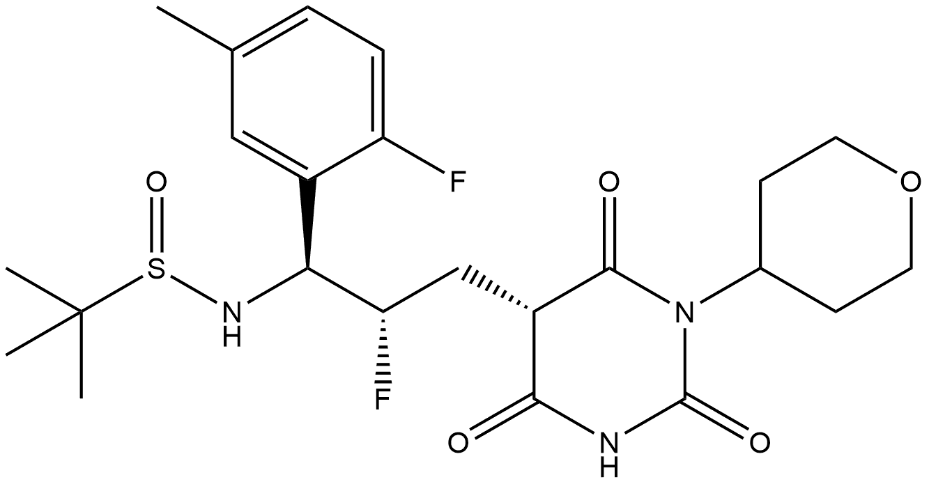 2-Propanesulfinamide, N-[(1S,2S)-2-fluoro-1-(2-fluoro-5-methylphenyl)-3-[hexahydro-2,4,6-trioxo-1-(tetrahydro-2H-pyran-4-yl)-5-pyrimidinyl]propyl]-2-methyl-, [S(R)]- Struktur