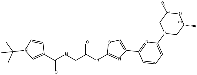 1H-Pyrrole-3-carboxamide, 1-(1,1-dimethylethyl)-N-[2-[[4-[6-[(2R,6S)-2,6-dimethyl-4-morpholinyl]-2-pyridinyl]-2-thiazolyl]amino]-2-oxoethyl]-, rel- Struktur