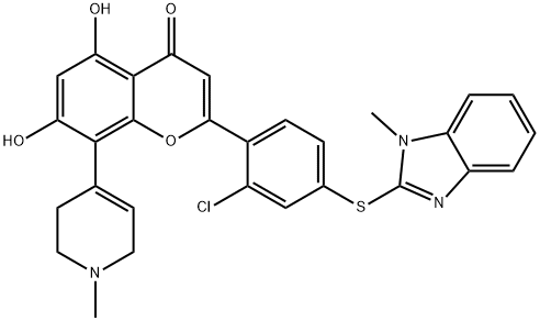 4H-1-Benzopyran-4-one, 2-[2-chloro-4-[(1-methyl-1H-benzimidazol-2-yl)thio]phenyl]-5,7-dihydroxy-8-(1,2,3,6-tetrahydro-1-methyl-4-pyridinyl)- Struktur