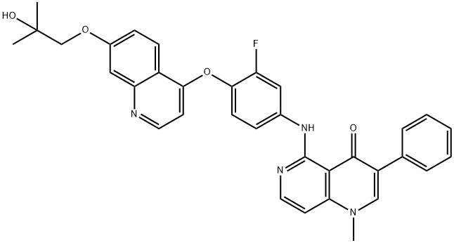 1,6-Naphthyridin-4(1H)-one, 5-[[3-fluoro-4-[[7-(2-hydroxy-2-methylpropoxy)-4-quinolinyl]oxy]phenyl]amino]-1-methyl-3-phenyl- Struktur