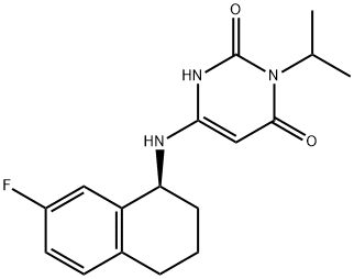 2,4(1H,3H)-Pyrimidinedione, 6-[[(1S)-7-fluoro-1,2,3,4-tetrahydro-1-naphthalenyl]amino]-3-(1-methylethyl)- Struktur