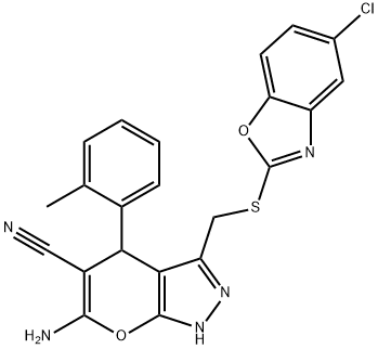 Pyrano[2,3-c]pyrazole-5-carbonitrile, 6-amino-3-[[(5-chloro-2-benzoxazolyl)thio]methyl]-1,4-dihydro-4-(2-methylphenyl)- Struktur