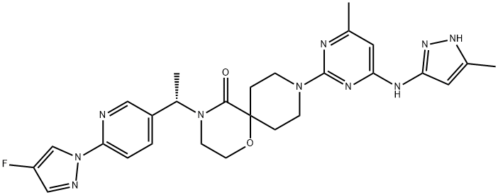 1-Oxa-4,9-diazaspiro[5.5]undecan-5-one, 4-[(1S)-1-[6-(4-fluoro-1H-pyrazol-1-yl)-3-pyridinyl]ethyl]-9-[4-methyl-6-[(5-methyl-1H-pyrazol-3-yl)amino]-2-pyrimidinyl]- Struktur