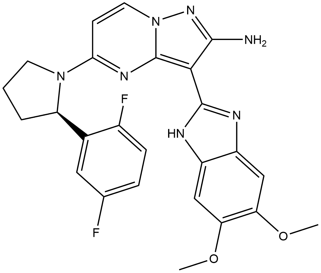 (R)-5-(2-(2,5-difluorophenyl)pyrrolidin-1-yl)-3-(5,6-dimethoxy-1H-benzo[d]imidazol-2-yl)pyrazolo[1,5-a]pyrimidin-2-amine Struktur