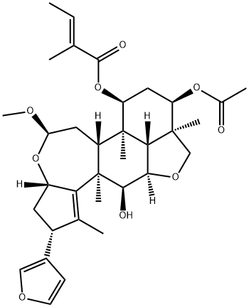 2-Butenoic acid, 2-methyl-, (2R,3aS,5R,6aR,6bR,7S,9R,9aR,11aR,11bR,12S,12aR)-9-(acetyloxy)-2-(3-furanyl)-3,3a,6,6a,6b,7,8,9,9a,10,11a,11b,12,12a-tetradecahydro-12-hydroxy-5-methoxy-1,6b,9a,12a-tetramethyl-2H,5H-cyclopent[a]isobenzofuro[7,1-gh][3]benzoxepin-7-yl ester, (2E)- Struktur