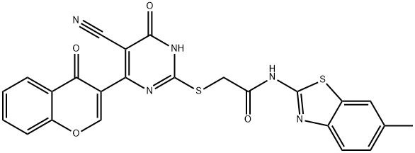 Acetamide, 2-[[5-cyano-1,6-dihydro-6-oxo-4-(4-oxo-4H-1-benzopyran-3-yl)-2-pyrimidinyl]thio]-N-(6-methyl-2-benzothiazolyl)- Struktur