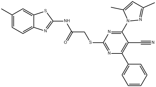 Acetamide, 2-[[5-cyano-4-(3,5-dimethyl-1H-pyrazol-1-yl)-6-phenyl-2-pyrimidinyl]thio]-N-(6-methyl-2-benzothiazolyl)- Struktur