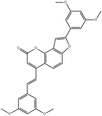 2H-Furo[2,3-h]-1-benzopyran-2-one, 8-(3,5-dimethoxyphenyl)-4-[(1E)-2-(3,5-dimethoxyphenyl)ethenyl]- Struktur