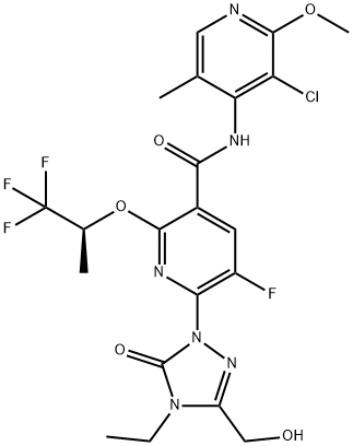 3-Pyridinecarboxamide, N-(3-chloro-2-methoxy-5-methyl-4-pyridinyl)-6-[4-ethyl-4,5-dihydro-3-(hydroxymethyl)-5-oxo-1H-1,2,4-triazol-1-yl]-5-fluoro-2-[(1S)-2,2,2-trifluoro-1-methylethoxy]- Struktur