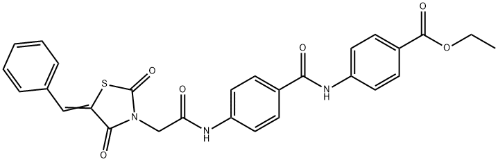 Benzoic acid, 4-[[4-[[2-[2,4-dioxo-5-(phenylmethylene)-3-thiazolidinyl]acetyl]amino]benzoyl]amino]-, ethyl ester Struktur