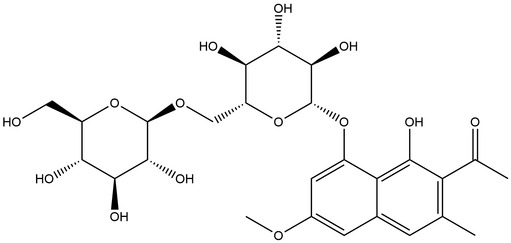 Ethanone, 1-[8-[(6-O-β-D-glucopyranosyl-β-D-glucopyranosyl)oxy]-1-hydroxy-6-methoxy-3-methyl-2-naphthalenyl]- Struktur