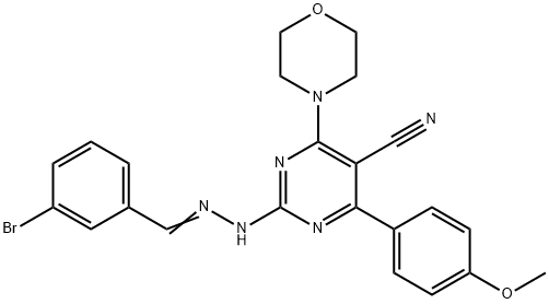 5-Pyrimidinecarbonitrile, 2-[2-[(3-bromophenyl)methylene]hydrazinyl]-4-(4-methoxyphenyl)-6-(4-morpholinyl)- Struktur