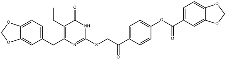 1,3-Benzodioxole-5-carboxylic acid, 4-[2-[[4-(1,3-benzodioxol-5-ylmethyl)-5-ethyl-1,6-dihydro-6-oxo-2-pyrimidinyl]thio]acetyl]phenyl ester Struktur