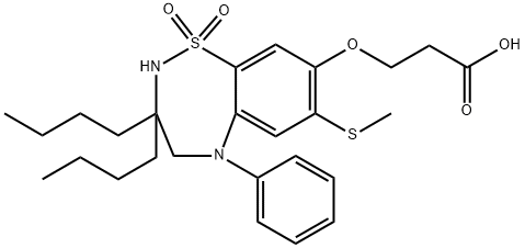 Propanoic acid, 3-[{3,3-dibutyl-2,3,4,5-tetrahydro-7-(methylthio)-1,1-dioxido-5-phenyl-1,2,5-benzothiadiazepin-8-yl}oxy]- Struktur