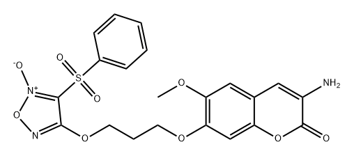 2H-1-Benzopyran-2-one, 3-amino-6-methoxy-7-[3-[[5-oxido-4-(phenylsulfonyl)-1,2,5-oxadiazol-3-yl]oxy]propoxy]- Struktur