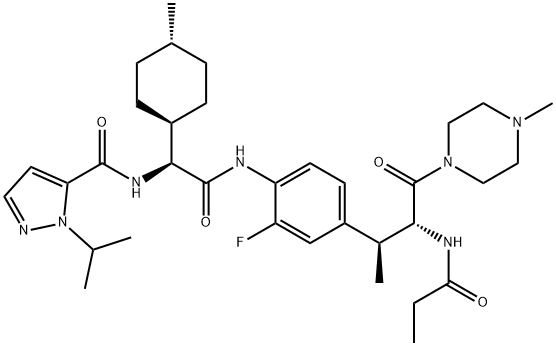 N-[(2R,3S)-3-{3-FLUORO-4-[(2S)-2-{[1-(PROPAN-2-YL)-1H-PYRAZOL-5-YL]FORMAMIDO}-2-[(1R,4S)-4-METHYLCYCLOHEXYL]ACETAMIDO]PHENYL}-1-(4-METHYLPIPERAZIN-1-YL)-1-OXOBU 結(jié)構(gòu)式