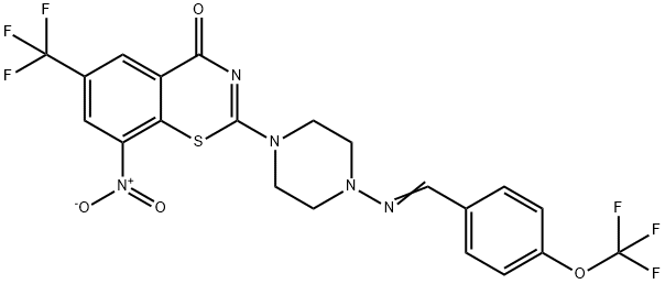 4H-1,3-Benzothiazin-4-one, 8-nitro-2-[4-[[[4-(trifluoromethoxy)phenyl]methylene]amino]-1-piperazinyl]-6-(trifluoromethyl)- Struktur