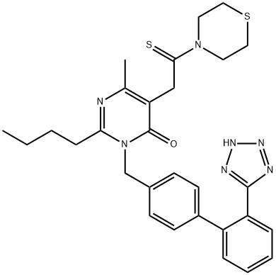 4(3H)-Pyrimidinone, 2-butyl-6-methyl-3-[[2'-(2H-tetrazol-5-yl)[1,1'-biphenyl]-4-yl]methyl]-5-[2-(4-thiomorpholinyl)-2-thioxoethyl]- Struktur