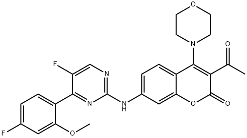 2H-1-Benzopyran-2-one, 3-acetyl-7-[[5-fluoro-4-(4-fluoro-2-methoxyphenyl)-2-pyrimidinyl]amino]-4-(4-morpholinyl)- Struktur