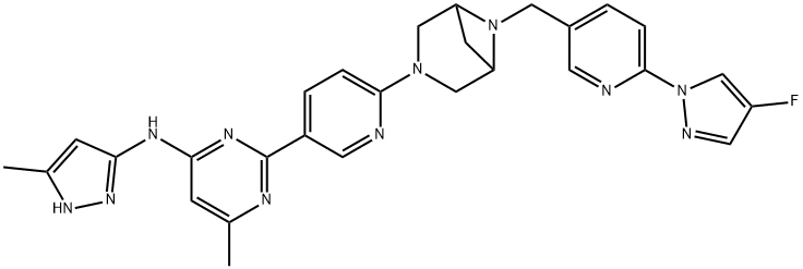 4-Pyrimidinamine, 2-[6-[6-[[6-(4-fluoro-1H-pyrazol-1-yl)-3-pyridinyl]methyl]-3,6-diazabicyclo[3.1.1]hept-3-yl]-3-pyridinyl]-6-methyl-N-(5-methyl-1H-pyrazol-3-yl)- Struktur