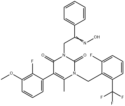 2,6(1H,3H)-Pyrimidinedione, 5-(2-fluoro-3-methoxyphenyl)-3-[[2-fluoro-6-(trifluoromethyl)phenyl]methyl]-1-[2-(hydroxyimino)-2-phenylethyl]-4-methyl- Struktur