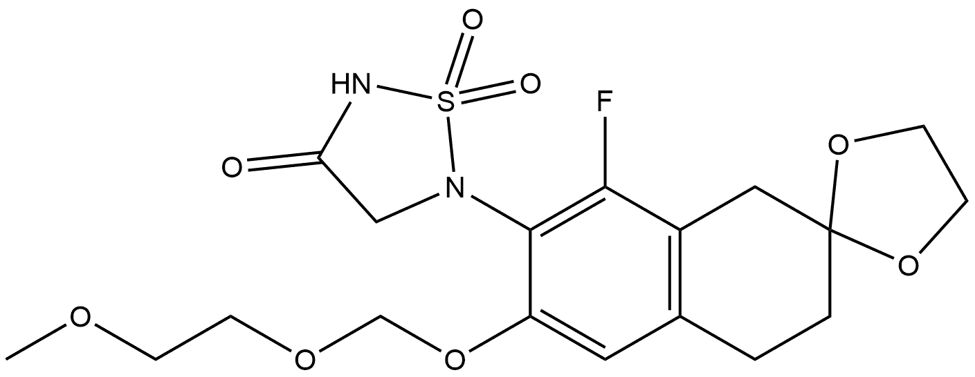 1,2,5-Thiadiazolidin-3-one, 5-[8'-fluoro-3',4'-dihydro-6'-[(2-methoxyethoxy)methoxy]spiro[1,3-dioxolane-2,2'(1'H)-naphthalen]-7'-yl]-, 1,1-dioxide Struktur